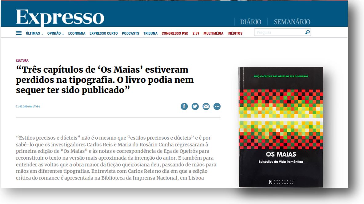 «O livro podia nem sequer ter sido publicado», diz Carlos Reis acerca de Os Maias, em entrevista ao Expresso